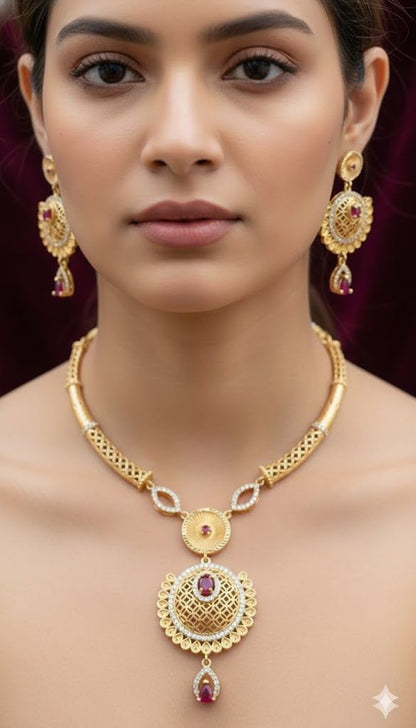 Royal Ruby Filigree Necklace Set – Micro Gold Plated AD Diamond Jewelry