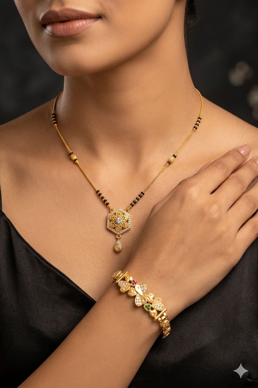 micro gold plated ad diamond designer fancy flower  mangalsutra with  bracelet