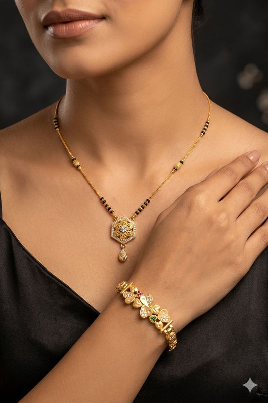 micro gold plated ad diamond designer fancy flower  mangalsutra with  bracelet