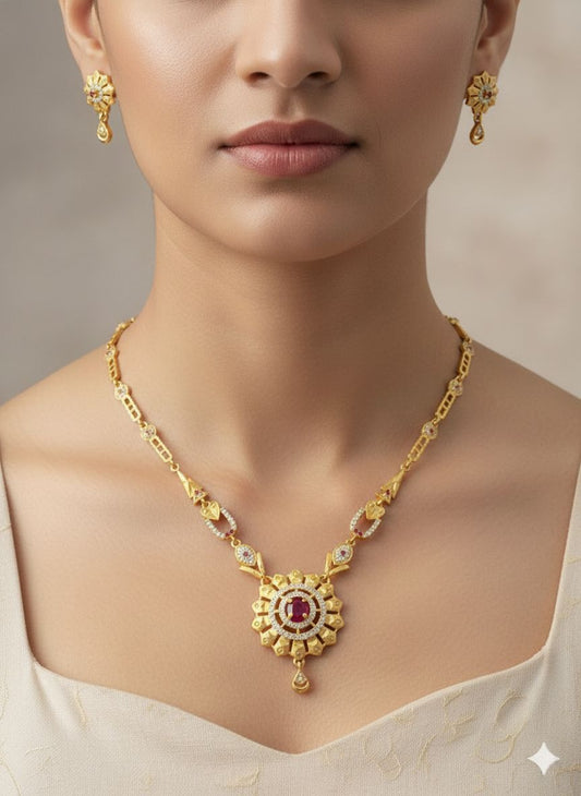 Micro Gold Plated And Diamond Studded Fancy Forming Flower Necklace with Earing