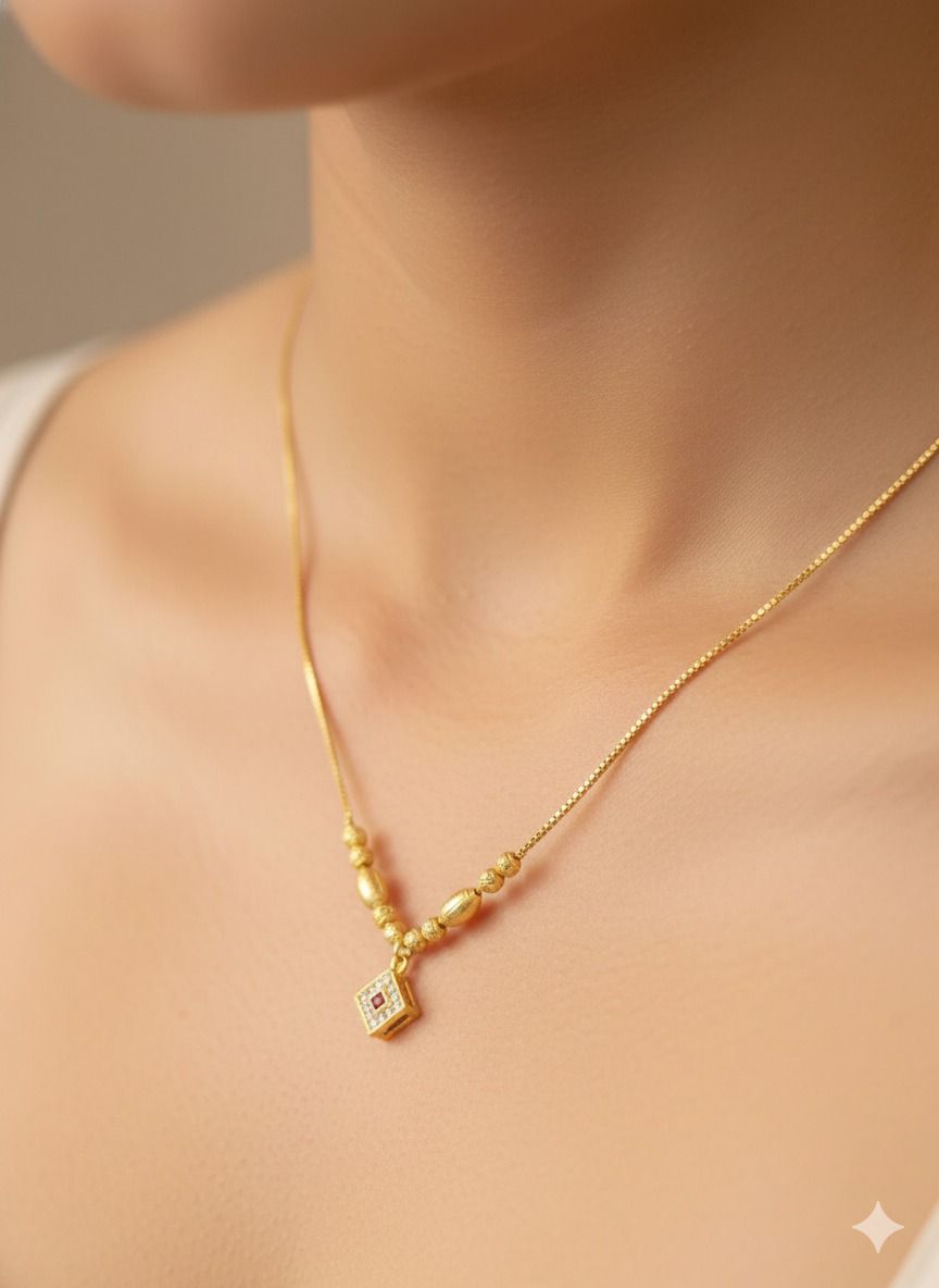 Micro Gold Plated Beaded Chain with Square And Stone Pendant For Women