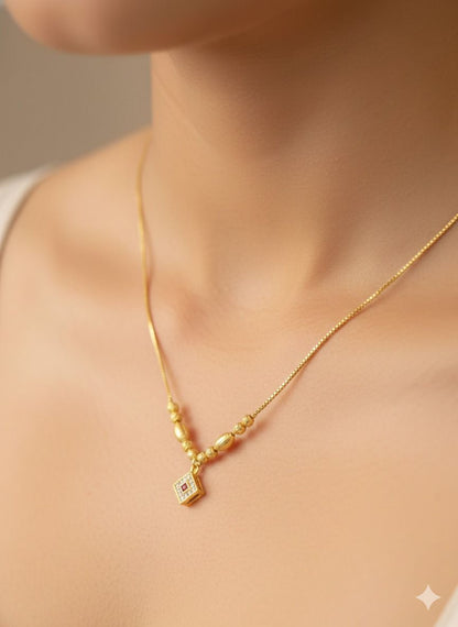 Micro Gold Plated Beaded Chain with Square And Stone Pendant For Women