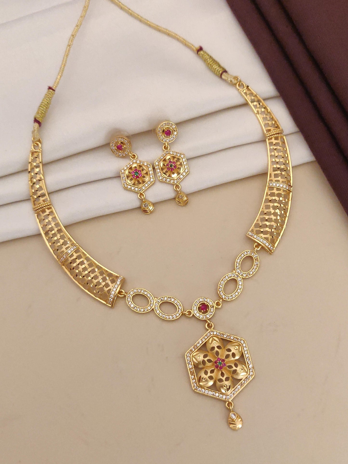 Elegant Gold Plated Flower Design Necklace Set with And Diamonds