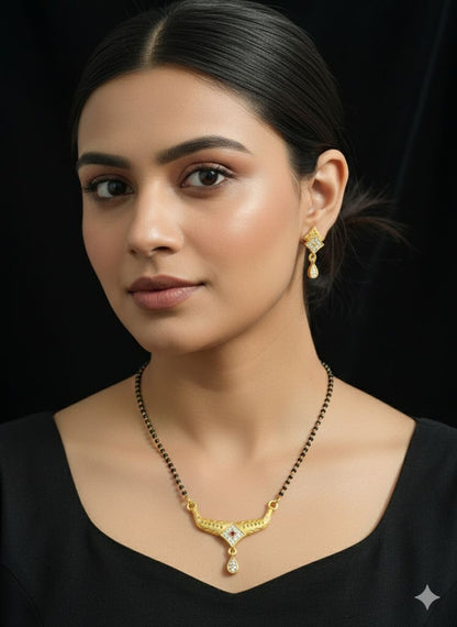 Micro Gold Plated And Diamond Studded Fancy Square Mangalsutra with Earring Set