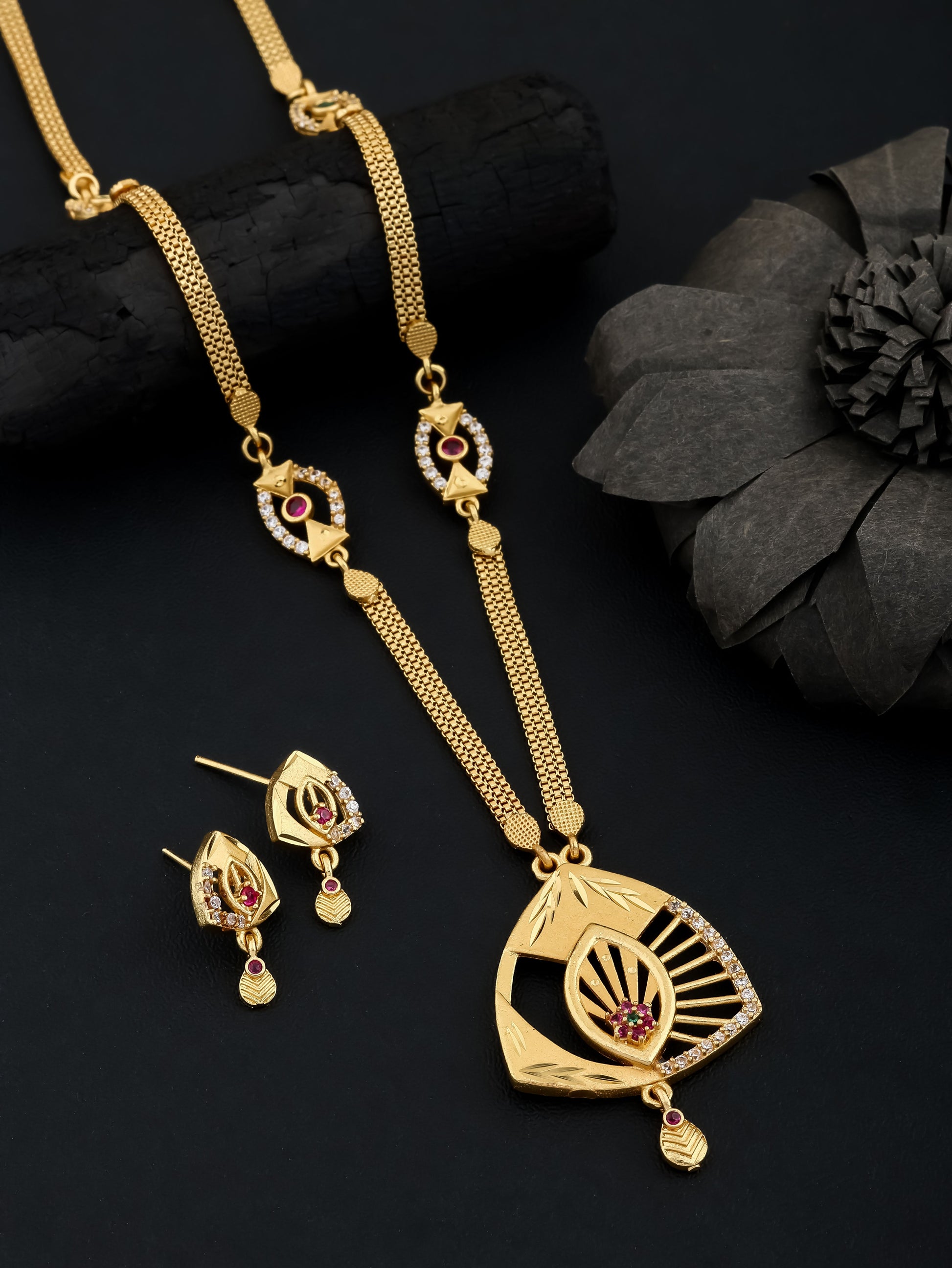 Micro Gold Plated And Diamond Studded Triangle Pendant Set with Chain For Women