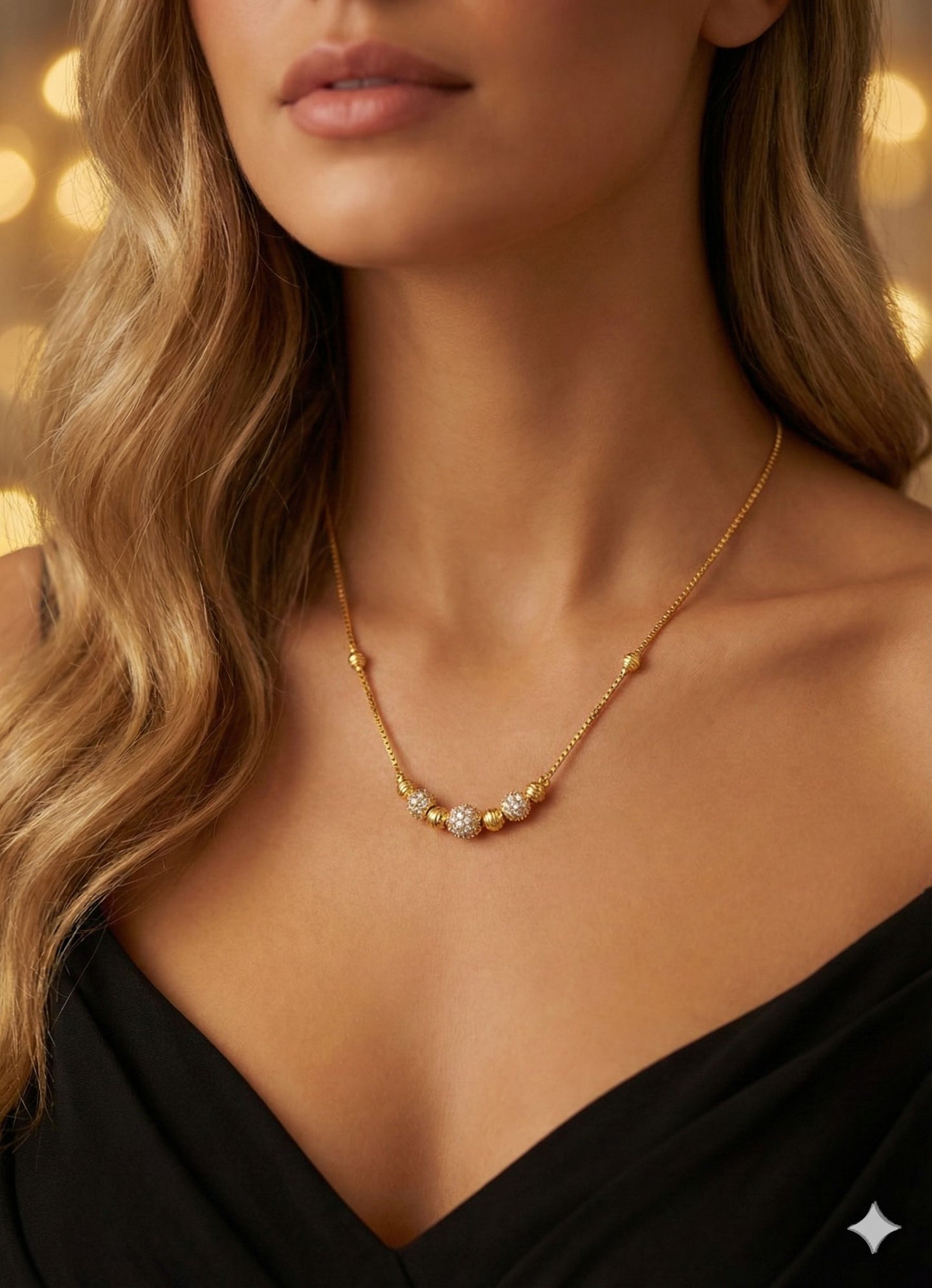 Micro Gold Plated And Diamond Beaded Chain Necklace For Women