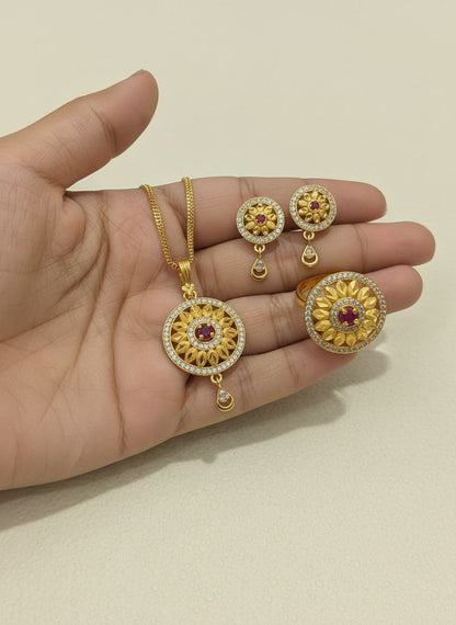 Gold Plated And Diamonds Studded Flower Pendant with Earrings