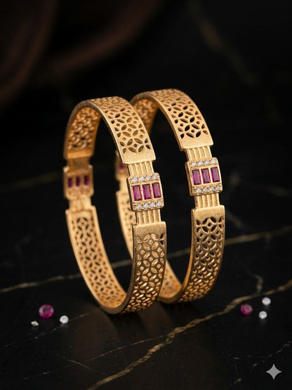 Royal Ruby Lattice Micro Gold Plated And Stone Studded Designer Bangles (Pair)