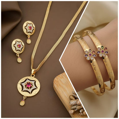 Micro Gold Plated And Diamond Studded Fancy Star Pendant Set with Flower Adjustable Kadli