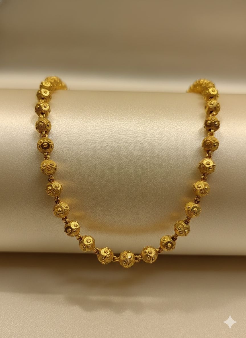 Micro Gold Plated And Diamond Cube Pendant Chain with Gold Beaded Long Ball Mala