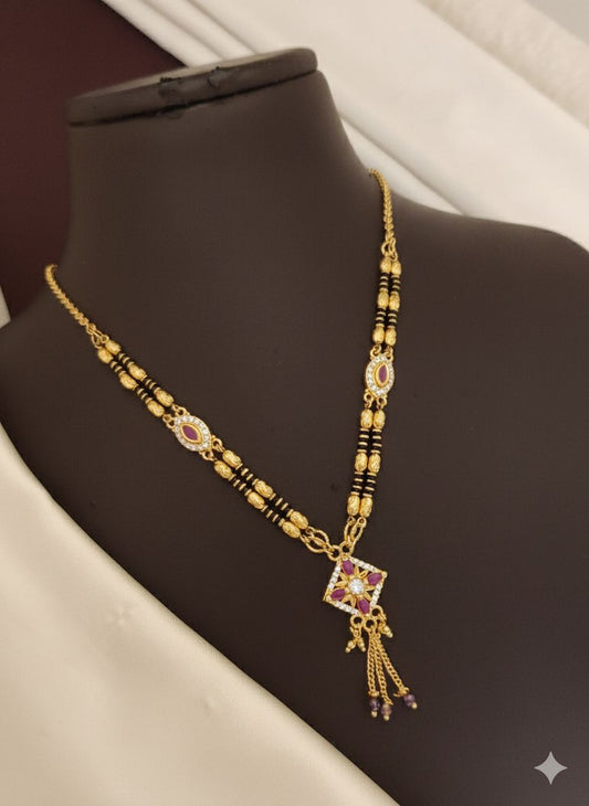 Micro Gold Plated And Diamond Square Pendant Mangalsutra with Ruby Accents