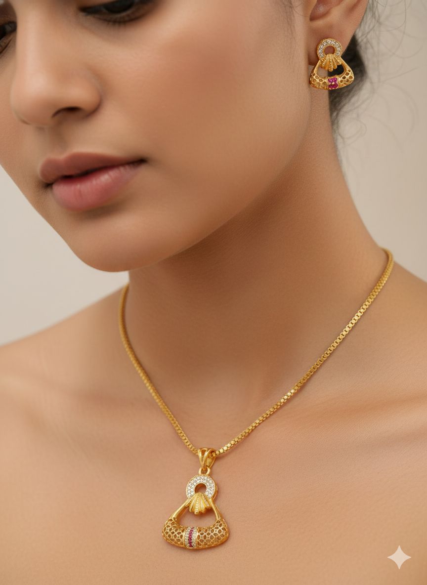 Golden Aura Ruby Charm Pendant Set – Elegant Daily Wear Necklace & Earrings