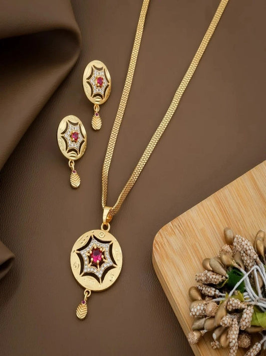 Royal Starburst Ruby Gold-Plated Necklace & Pendant Earring Set with Adjustable Ring