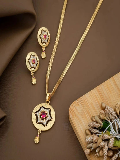 Royal Starburst Ruby Gold-Plated Necklace & Pendant Earring Set with Adjustable Ring