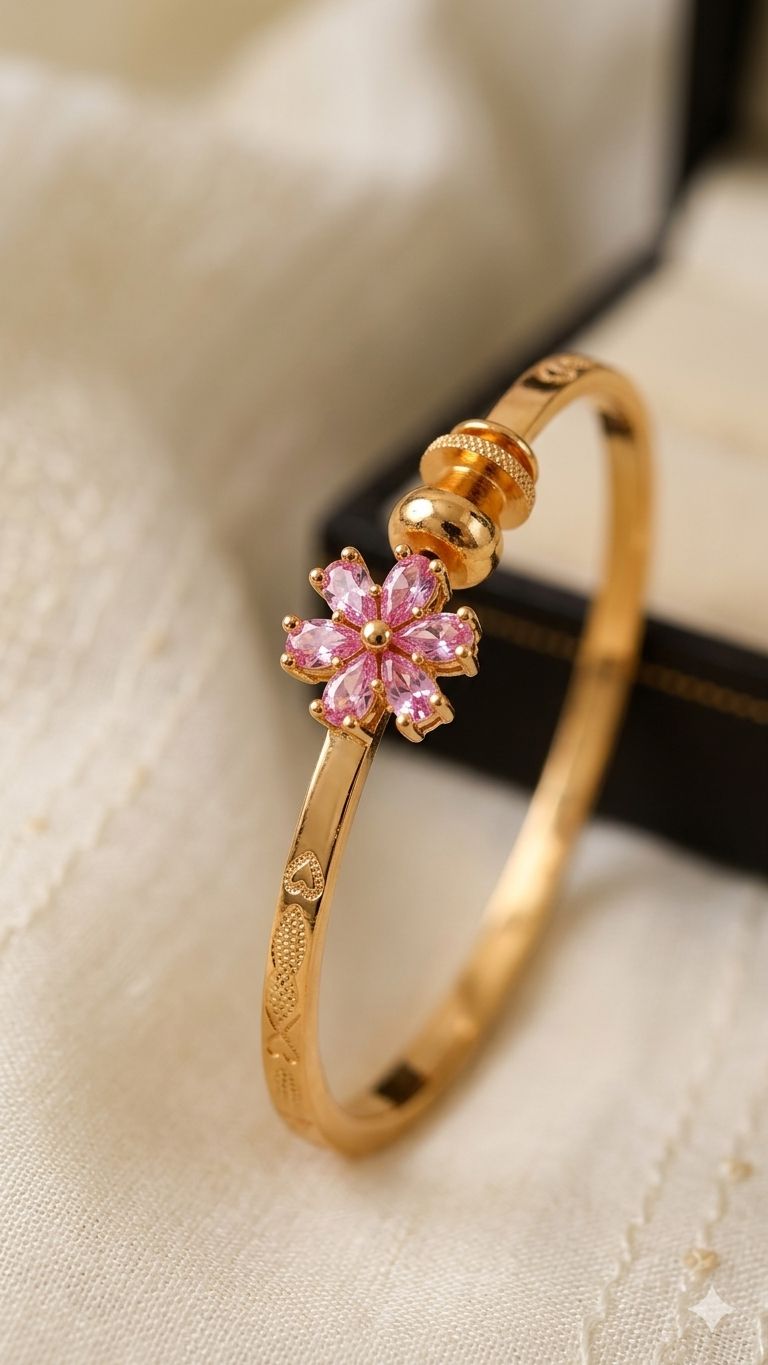 Elegant Gold Plated fancy adjustable light pink Floral bangle with Pink Stone