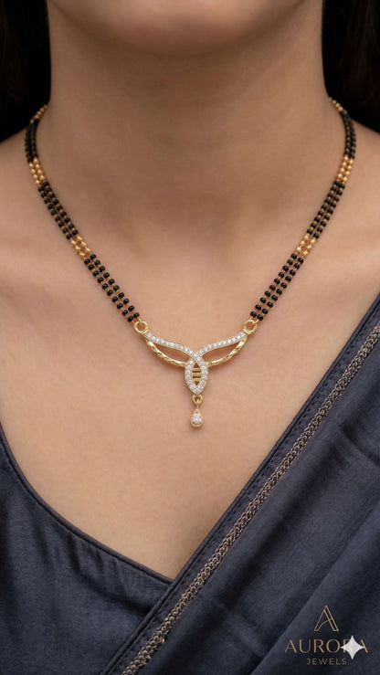 Elegant Diamond Curve Mangalsutra with Dual Black Bead Chain & Drop Charm