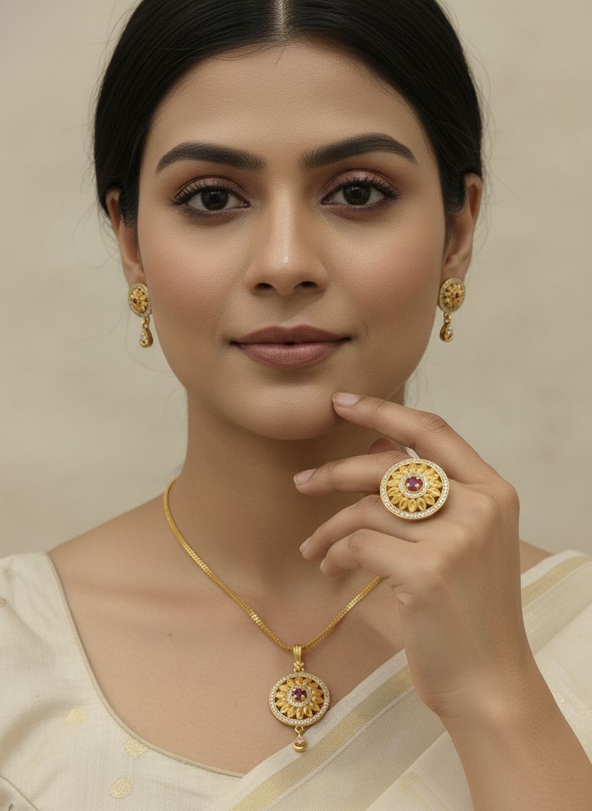 Gold Plated And Diamonds Studded Flower Pendant with Earrings