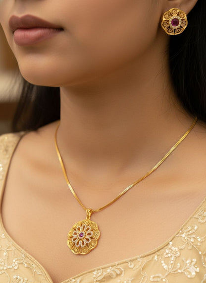 Micro Gold Plated Daily Wear Flower Design Fancy Pendant Set