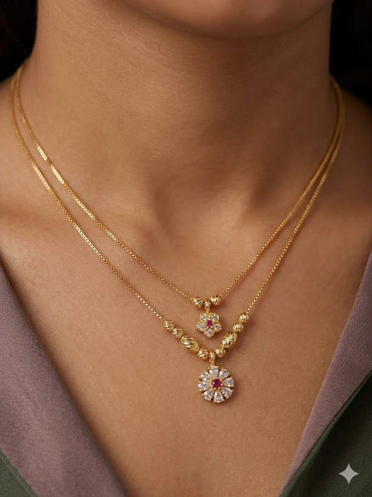 Micro Gold Plated Dual Layer Floral Pendant Necklace – AD Diamond Studded Elegant Daily Wear Chain
