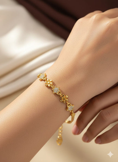 Micro Gold Plated And Diamond Studded Fancy Flower Bracelet