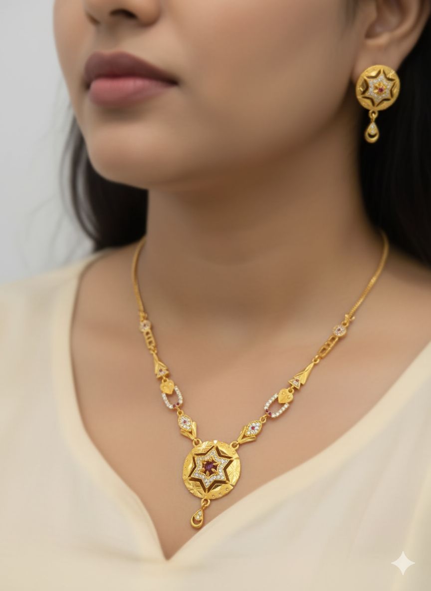 Royal Starburst Ruby Gold-Plated Necklace & Pendant Earring Set with Adjustable Ring
