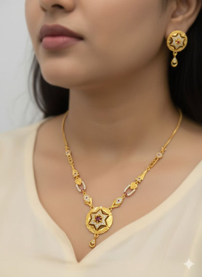 Royal Starburst Ruby Gold-Plated Necklace & Pendant Earring Set with Adjustable Ring