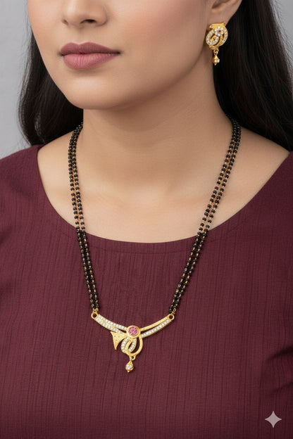 Elegant Micro Gold Plated And Diamond 24 Inches Mangalsutra with Ruby Accent Pendant And Earring