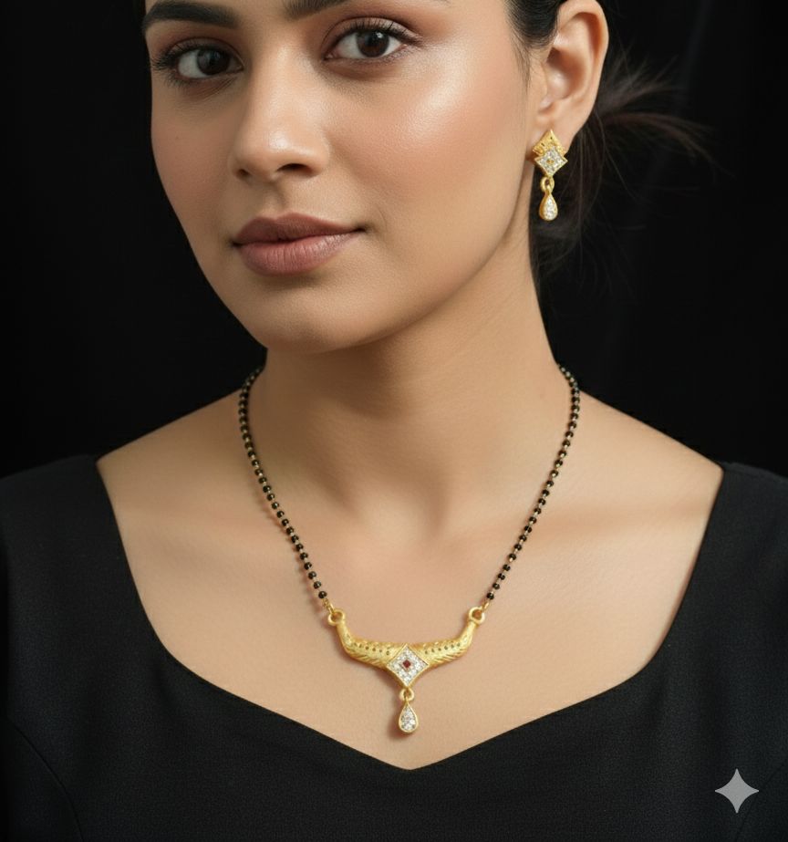 Micro Gold Plated And Diamond Studded Fancy Square Mangalsutra with Earring Set