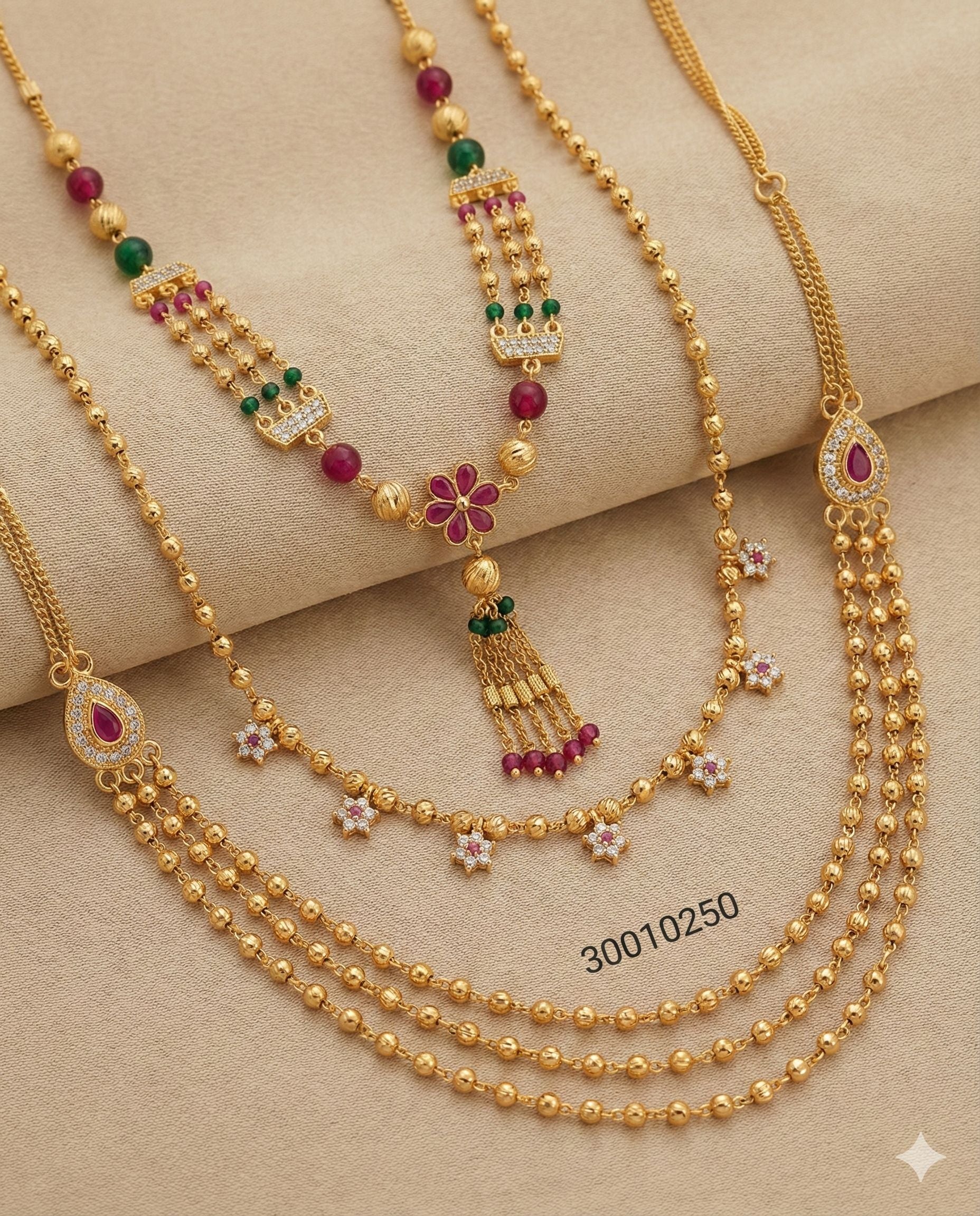 Micro Gold Plated Ruby–Emerald Floral Layered 3 Chain Combo