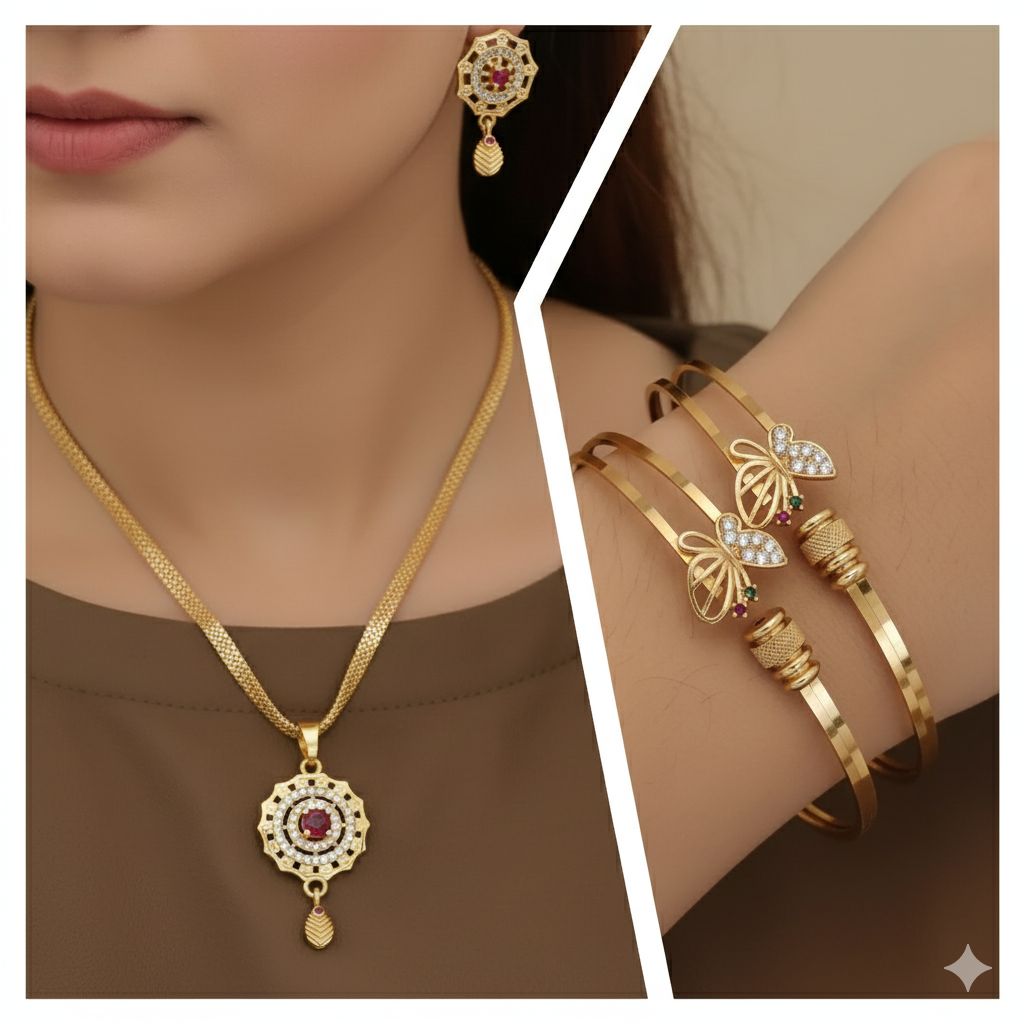 Micro Gold Plated And Diamond Studded Fancy Flower Pendant with 18 Inches Chain with Adjustable Bangle