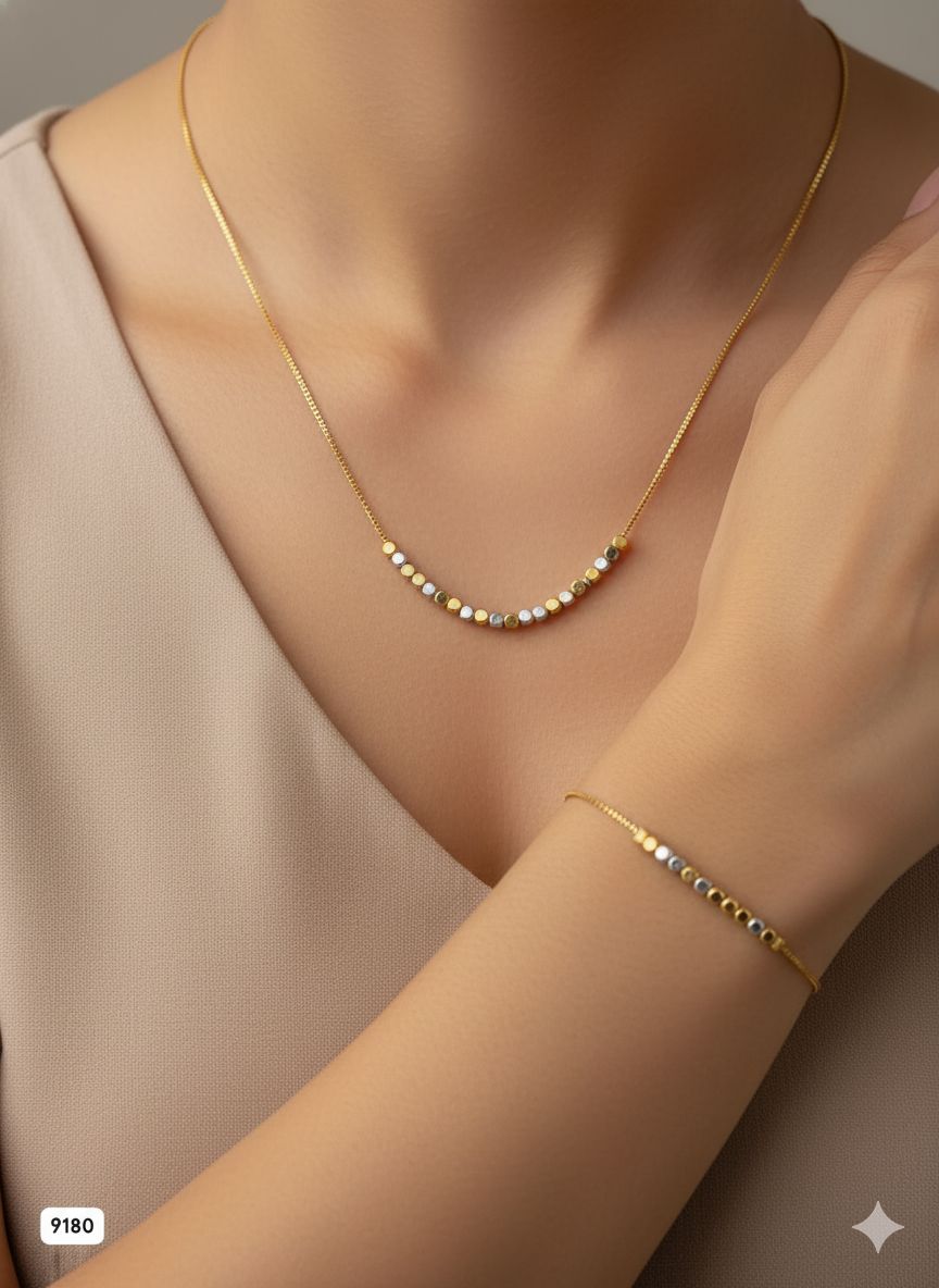 Celestia Dual-Tone Gold Bead 18 Inches Short Chain & Bracelet Set