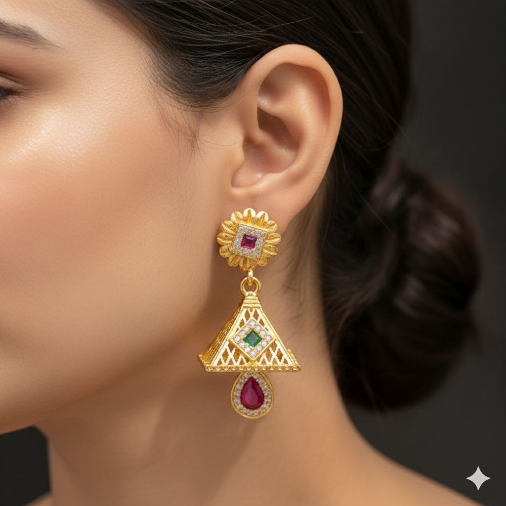 Micro Gold Plated And Diamond Studded Fancy Kempu Work Earring