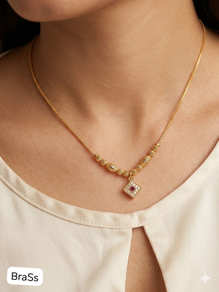 Elegant Gold Beaded Necklace with Ruby-Inspired 18 inches Pendant