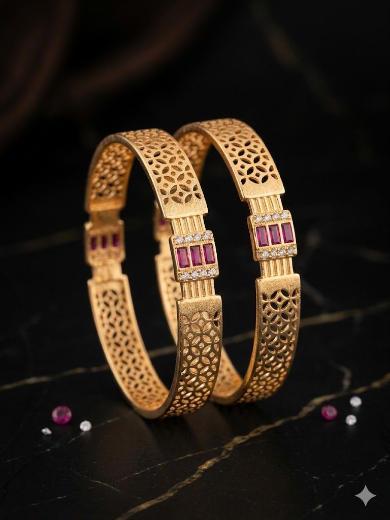 Royal Ruby Lattice Micro Gold Plated AD Stone Studded Designer Bangles (Pair)
