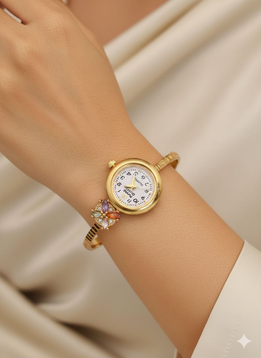 Beautiful Golden Floral And Stone Studded Bracelet Watch For Women
