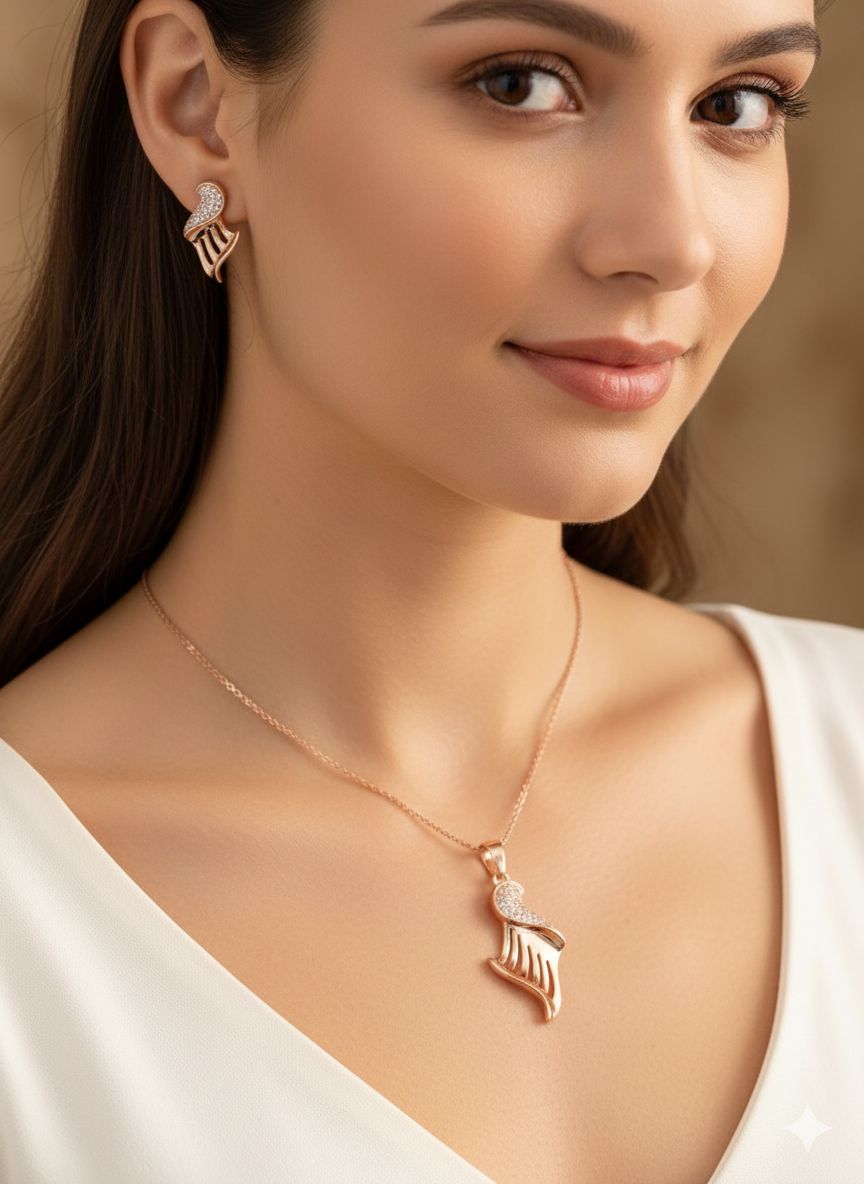 Rose Gold Plated And Diamond Studed Fancy S Shape Pendant Set with Short Chain