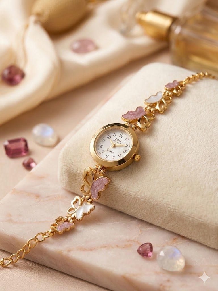 Elegant Butterfly Charm Gold Plated Adjustable Ladies Bracelet Watch