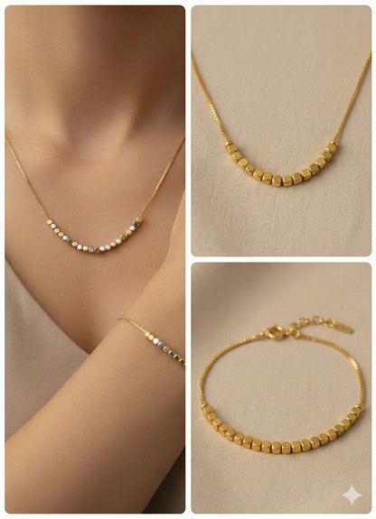 Celestia Dual-Tone Gold Bead 18 Inches Short Chain & Bracelet Set
