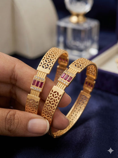 Royal Ruby Lattice Micro Gold Plated And Stone Studded Designer Bangles (Pair)