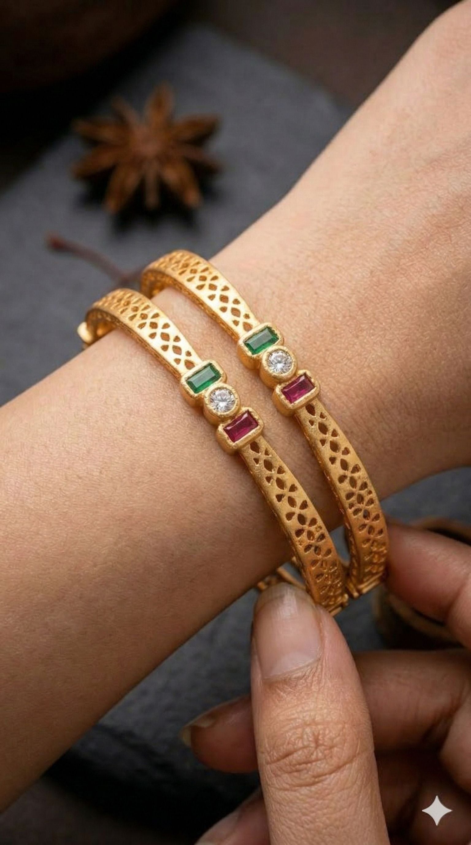 Royal Trinity Micro Gold Plated Ruby & Emerald Stone Designer Bangles (Set Of 2)