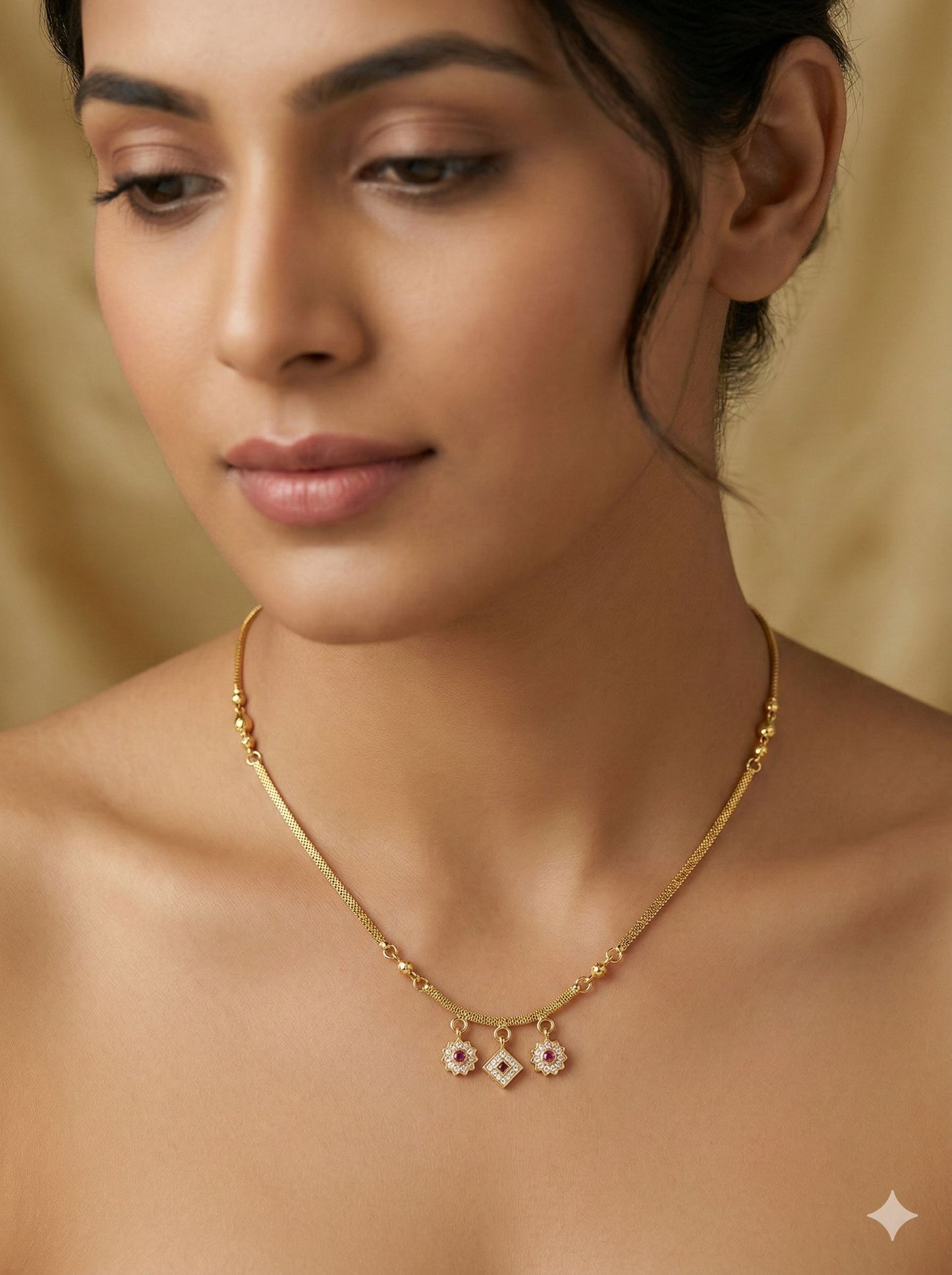Delicate Gold Chain with Floral Ruby Pendants