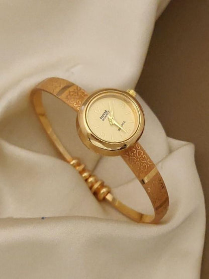 Gold Plated White Dial Adjustable Bracelet Watch For Women
