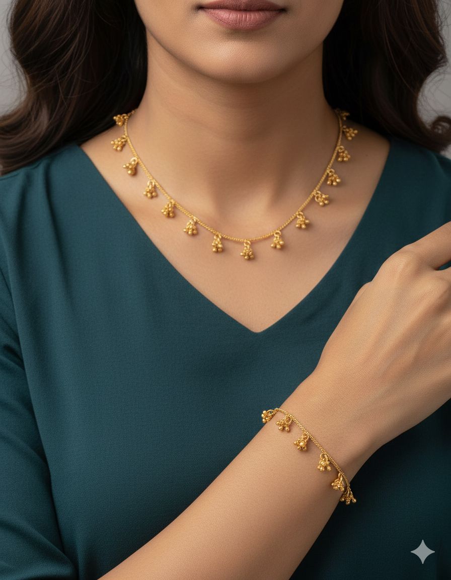 Micro Gold Plated And Diamond Studded Fancy Pearl Drop Fancy  18 Inches Chain And Bracelet Combo