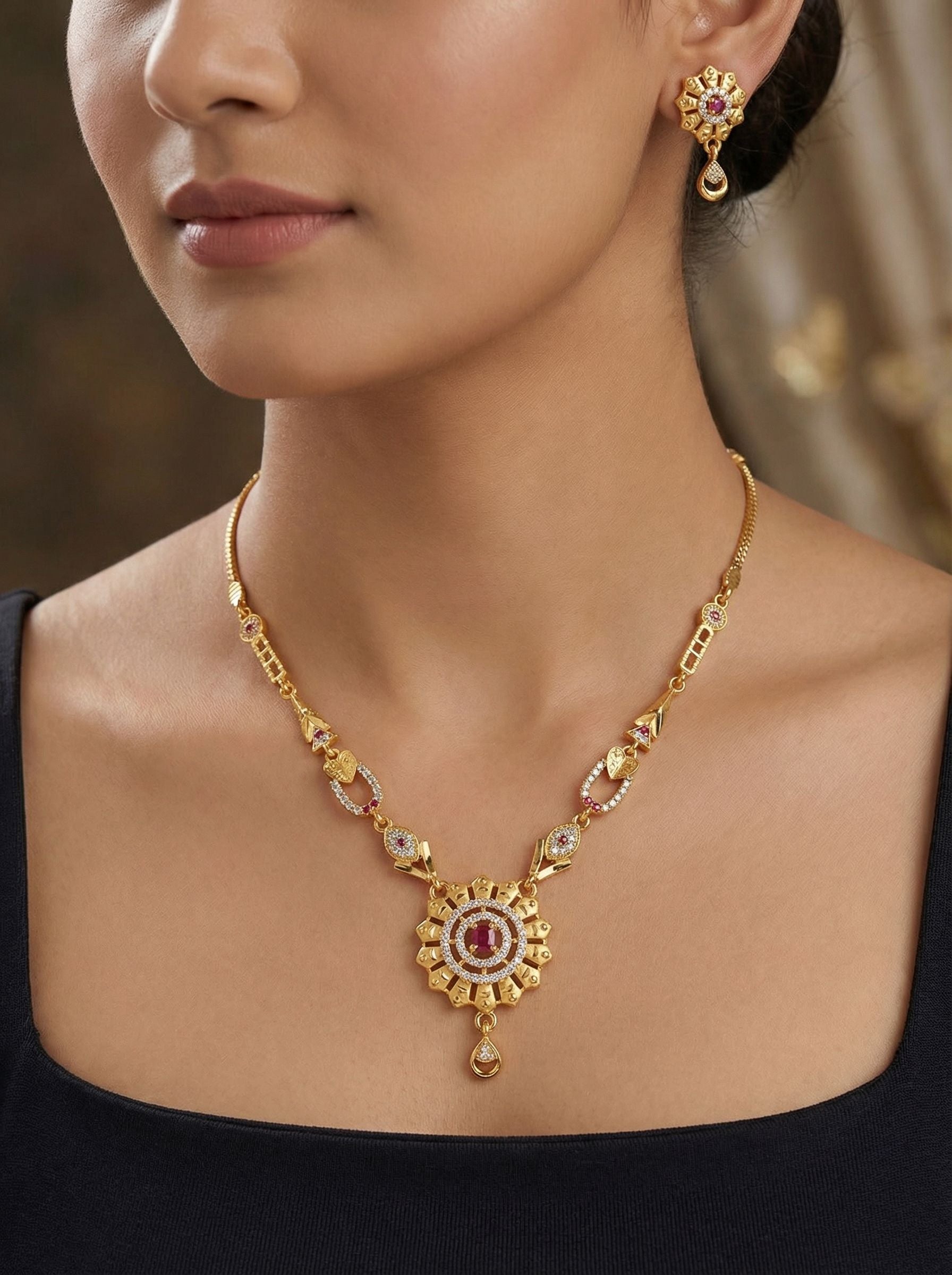 Micro Gold Plated And Diamond Studded Fancy Forming Flower Necklace with Earing