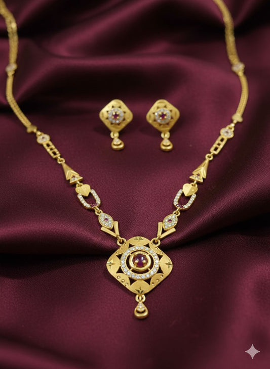 Micro Gold Plated And Diamond Studded Forming Square Necklace with Earrings For Women