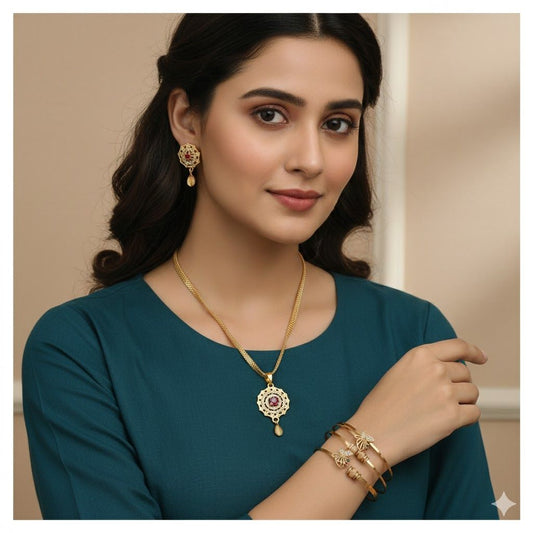Micro Gold Plated And Diamond Studded Fancy Flower Pendant with 18 Inches Chain with Adjustable Bangle