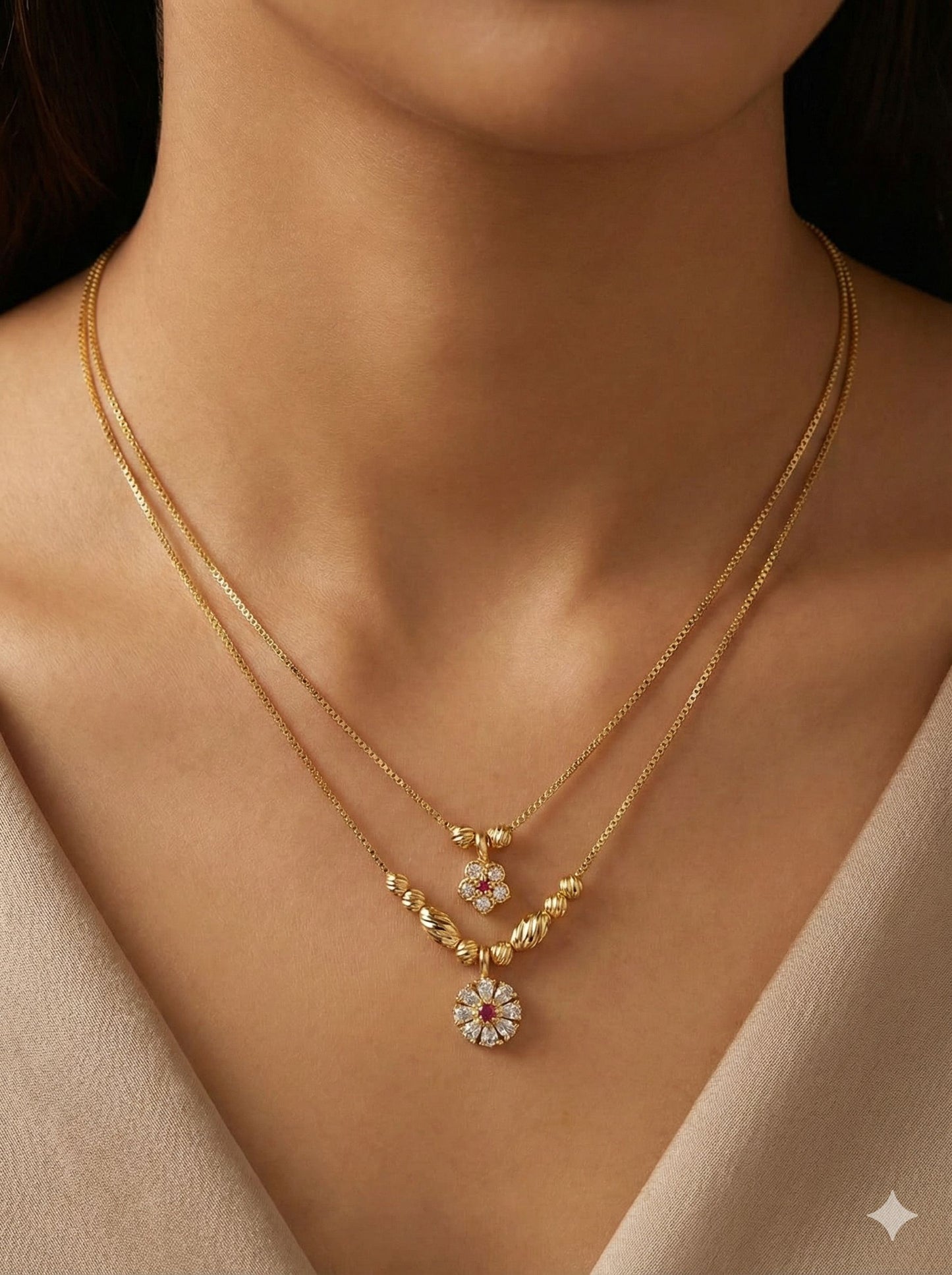 Micro Gold Plated Dual Layer Floral Pendant Necklace – AD Diamond Studded Elegant Daily Wear Chain