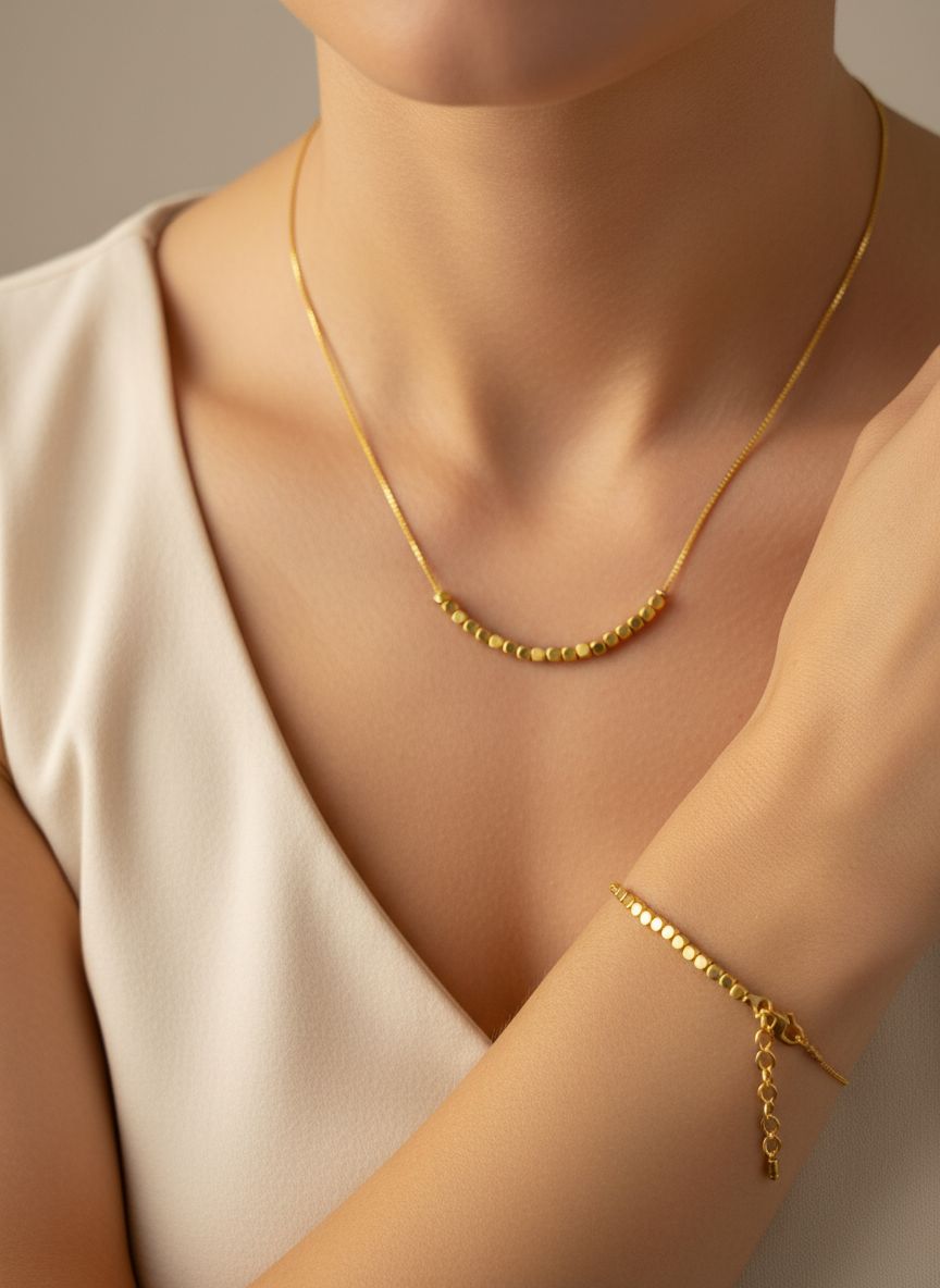 Celestia Dual-Tone Gold Bead 18 Inches Short Chain & Bracelet Set