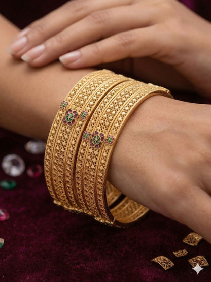 Royal Floral Filigree Micro Gold Plated Ruby & Emerald Stone Studded Fancy Bangles Set