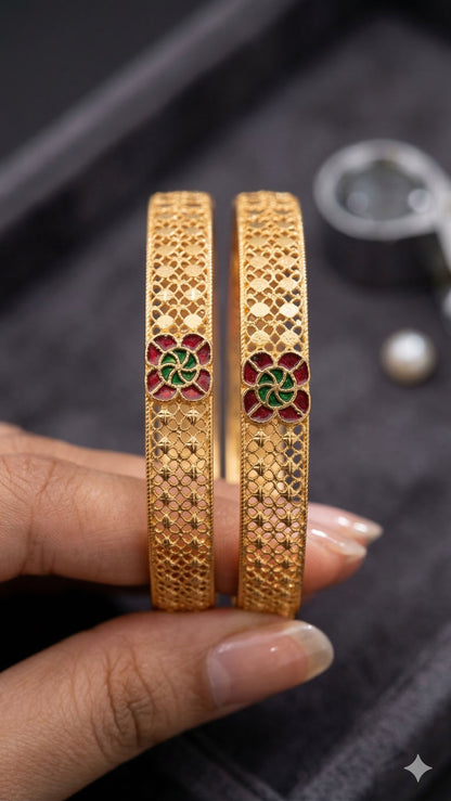 Royal Floral Enamel Micro Gold Plated Fancy 2 Pcs Bangles